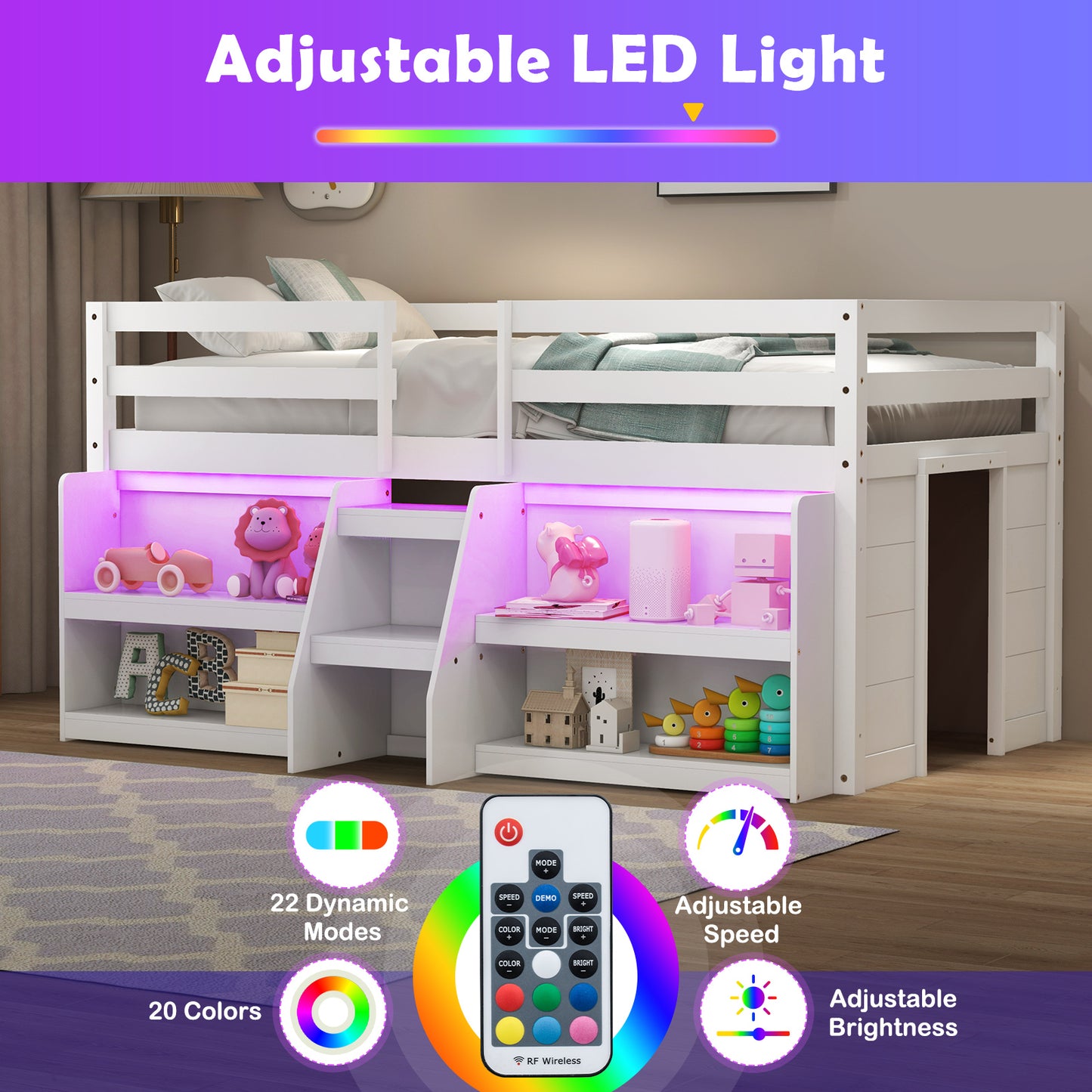 Twin Size Loft Bed With LED Lights, Staircase, Safety Guardrail, White Bunk Bed Frame at Gallery Canada