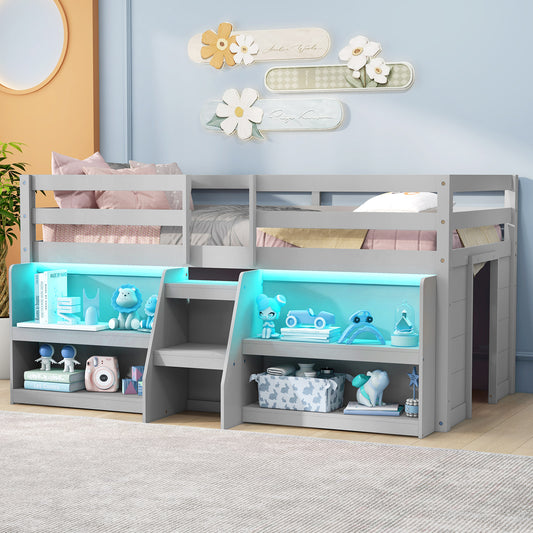 Twin Size Loft Bed with LED Lights, Staircase, Safety Guardrail, Gray Bunk Bed Frame Gray at Gallery Canada