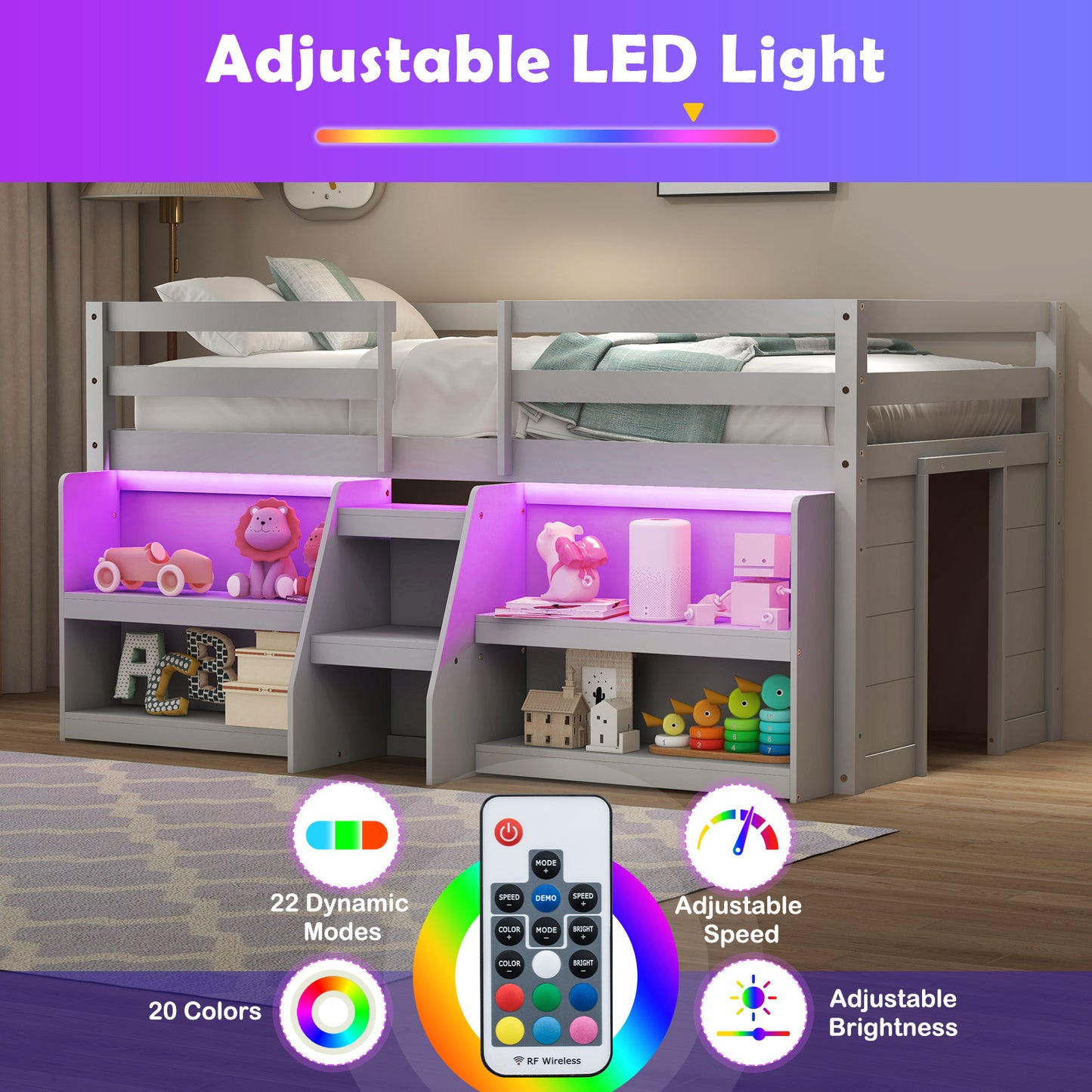 Twin Size Loft Bed with LED Lights, Staircase, Safety Guardrail, Gray Bunk Bed Frame at Gallery Canada