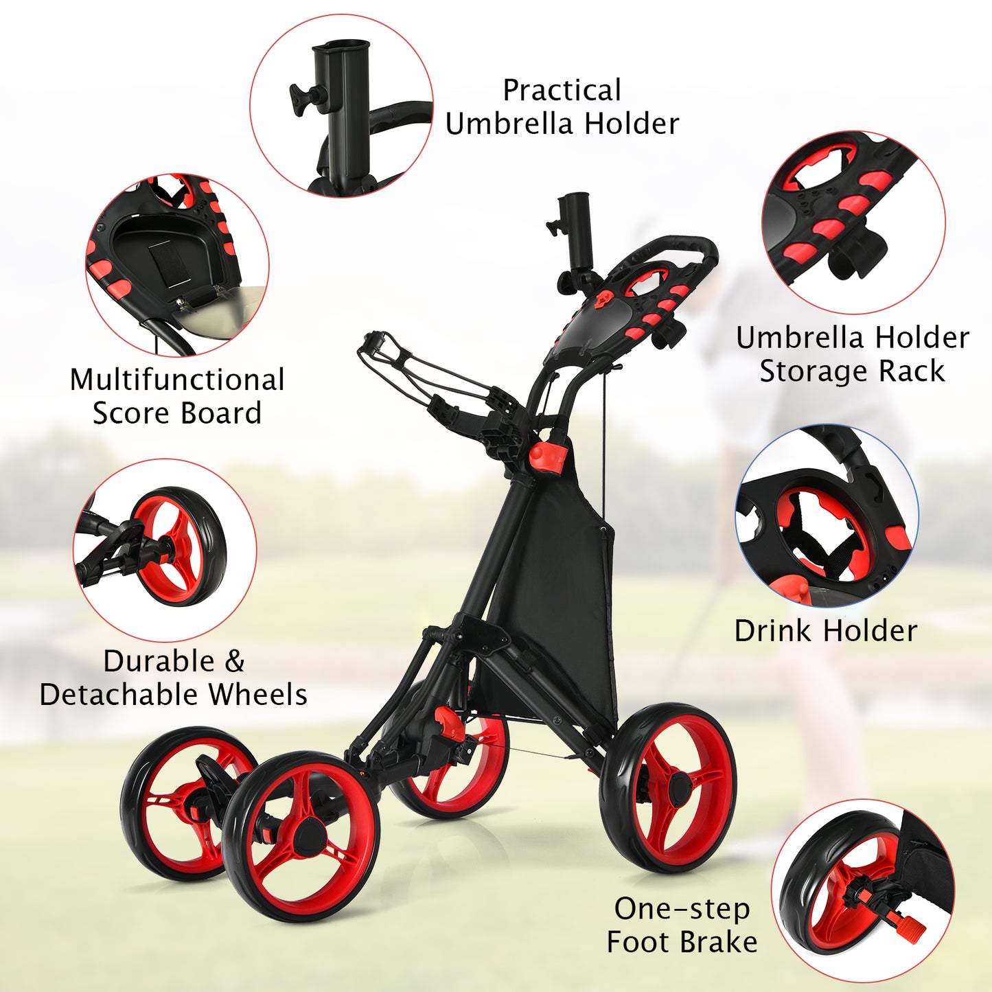 Lightweight Foldable Golf Push Cart, 4 Wheels, Red Golf at Gallery Canada