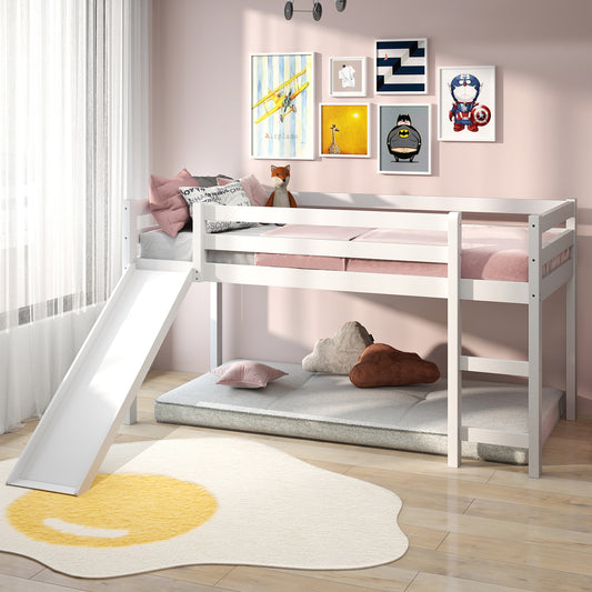 Twin Size Low Loft Bed With Slide, White