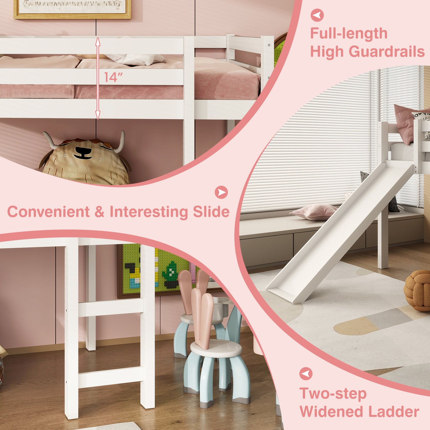Twin Size Low Loft Bed With Slide, White Bunk Bed Frame at Gallery Canada