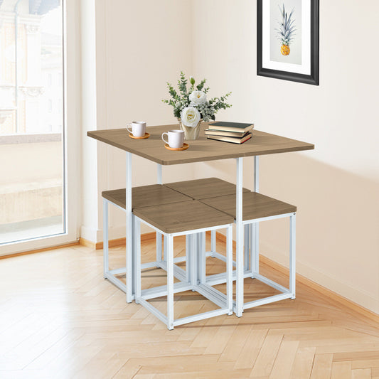 5 Piece Metal Frame Dining Set, Compact Table, 4 Stools, Natural Dining Room Sets Natural at Gallery Canada