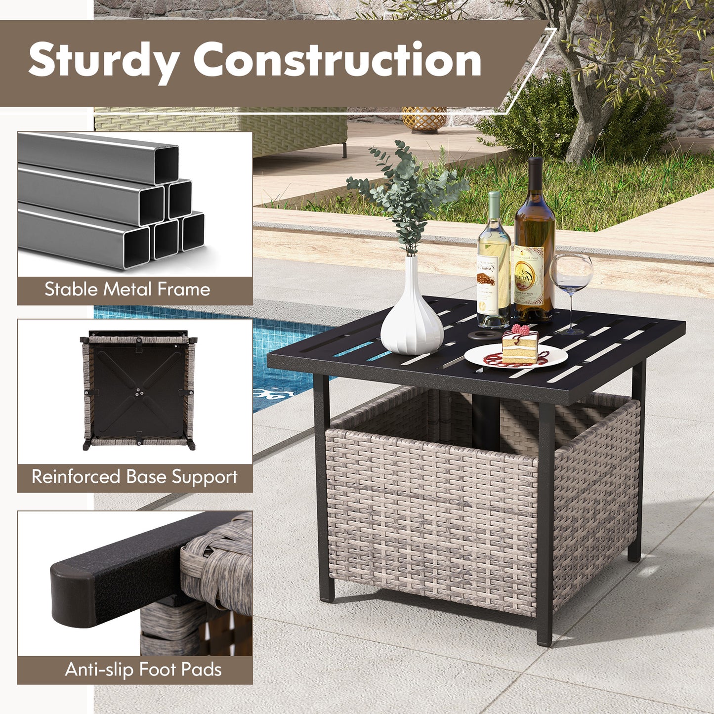 Outdoor Patio Rattan Wicker Steel Side Deck Table, Gray Patio Tables at Gallery Canada