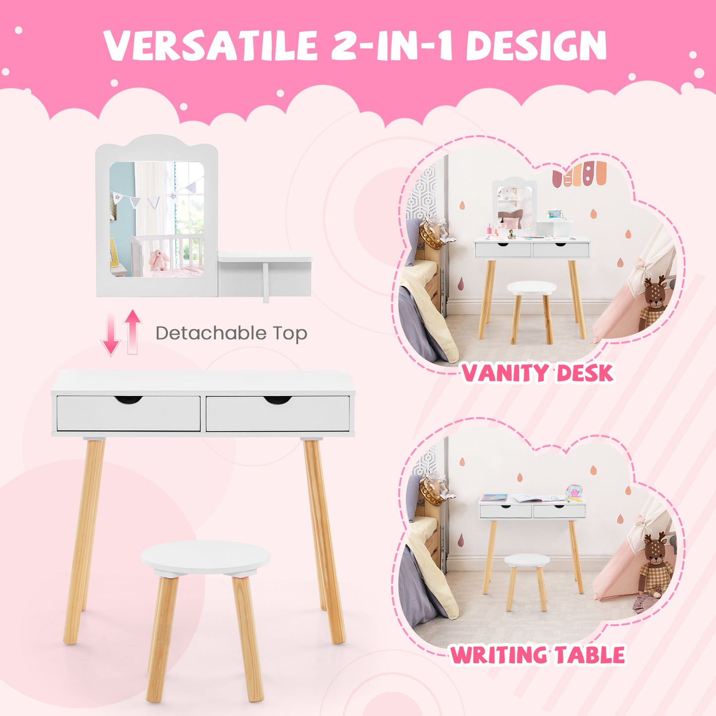 Kid Vanity Table Chair Set with Mirror and 2 Large Storage Drawers, White Kids Vanities at Gallery Canada