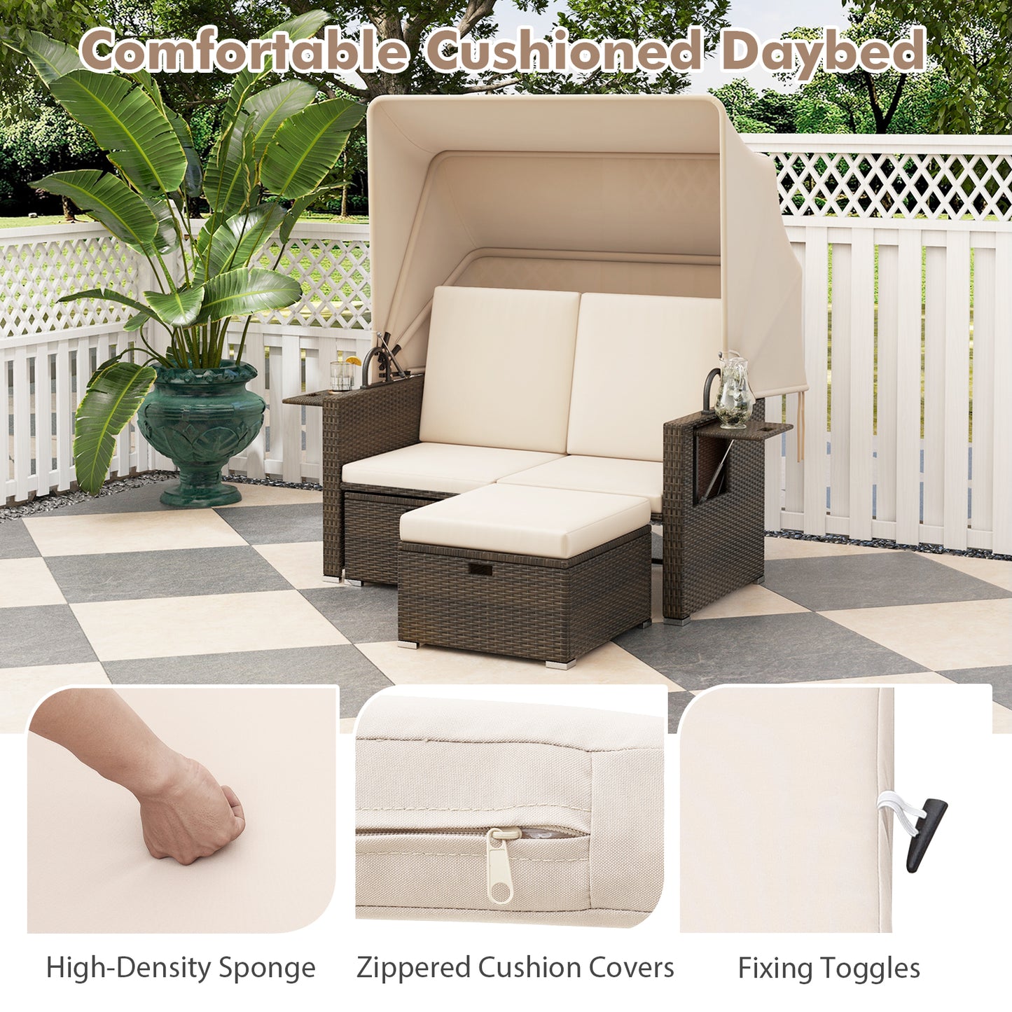 Lit de jour en rotin pour terrasse extérieure, auvent rétractable, dossiers réglables, couleur beige