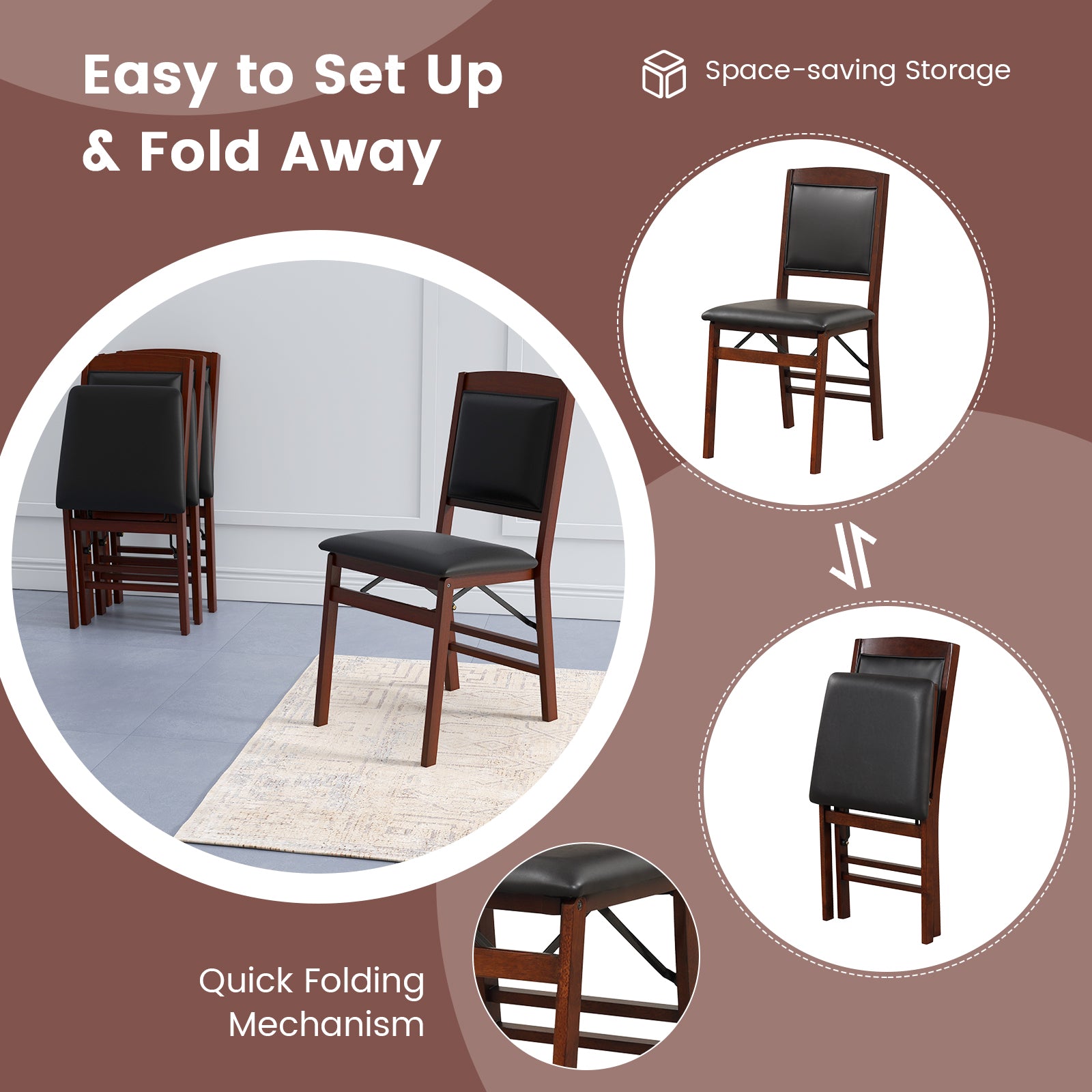 Set of 2 Folding Dining Chairs with Padded Seat and High Backrest, Brown Dining Chairs at Gallery Canada