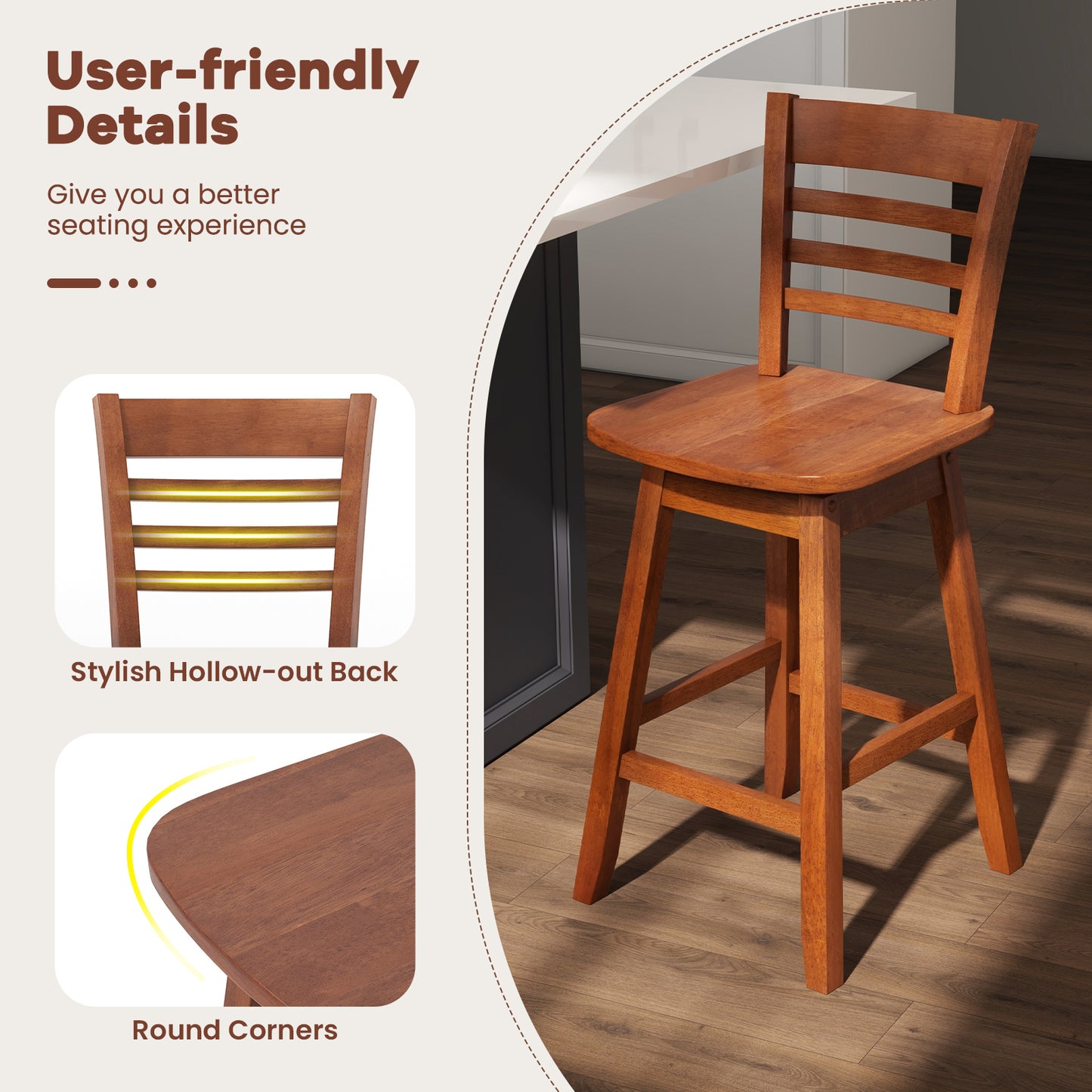 Ensemble de 2 tabourets de bar hauteur comptoir, noyer, avec repose-pieds