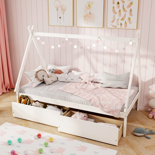 Twin Size Wooden Tent Platform Bed, 2 Drawers, White Simple Bed Frame White at Gallery Canada