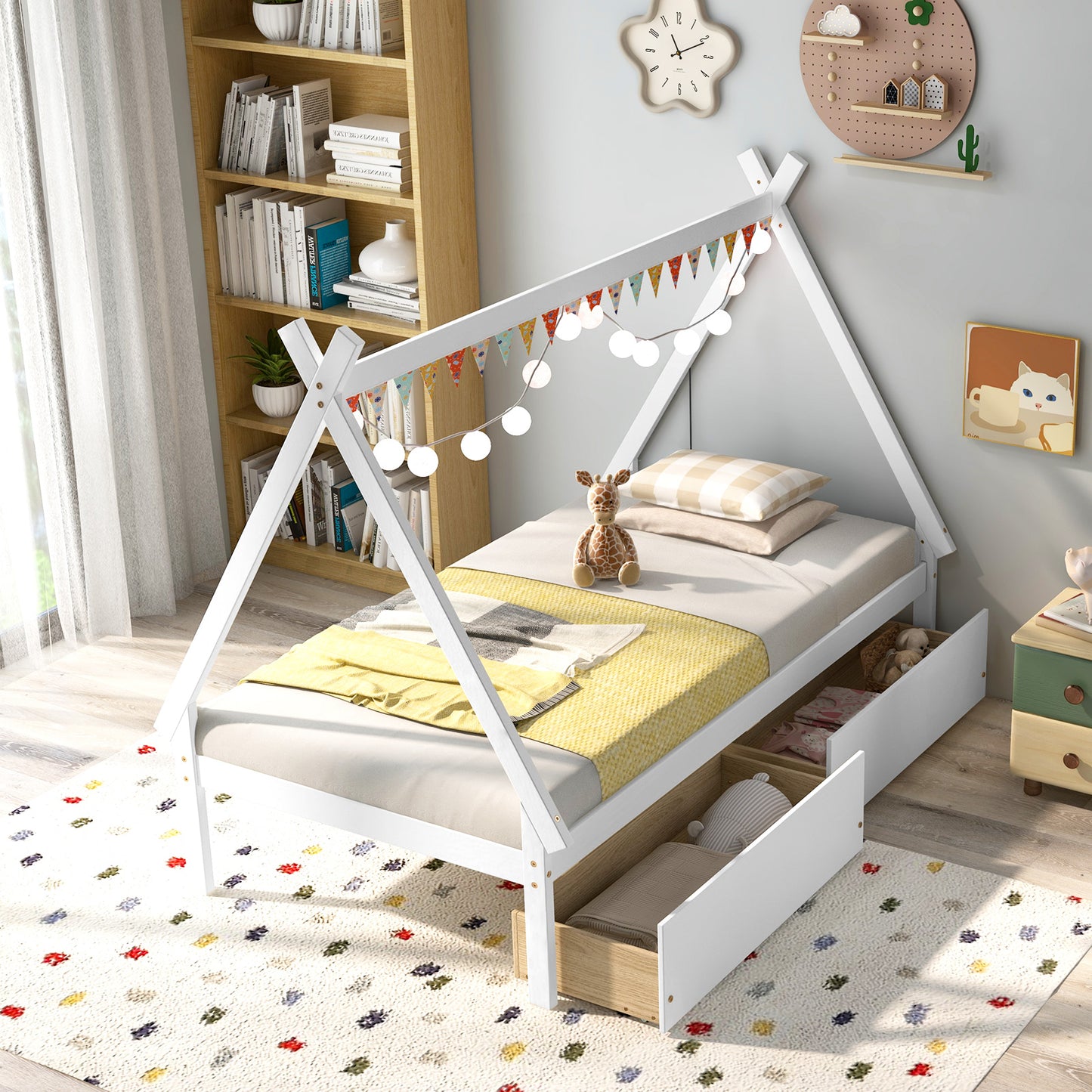 Twin Size Wooden Tent Platform House Bed with 2 Drawers, White Simple Bed Frame at Gallery Canada