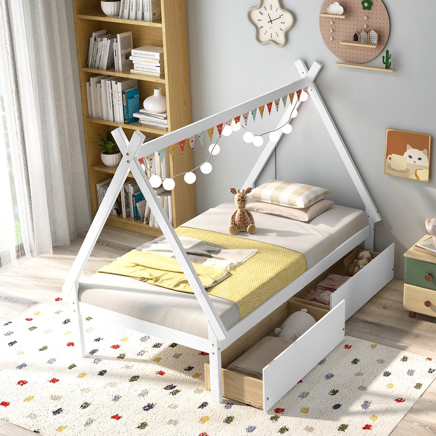 Twin Size Wooden Tent Platform Bed, 2 Drawers, White Simple Bed Frame at Gallery Canada