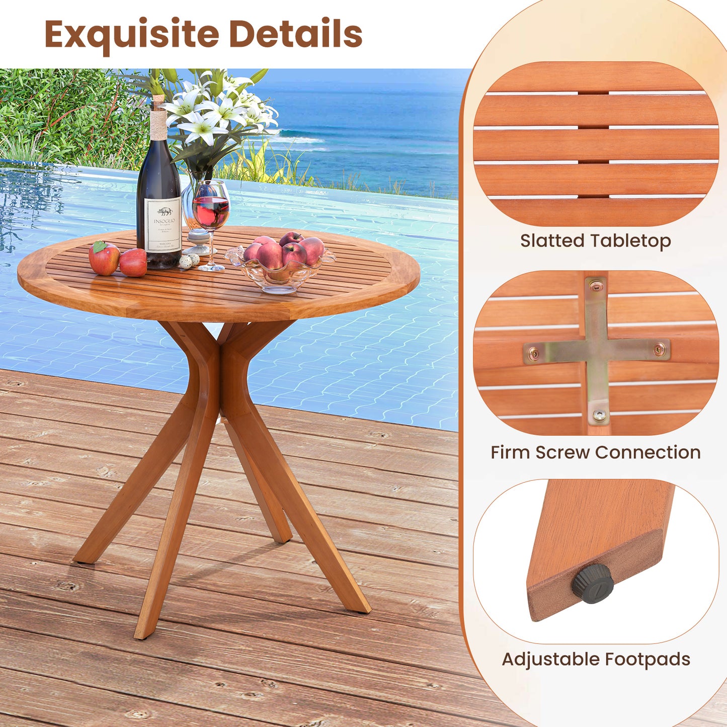Table à manger en bois de 35,5 pouces, Plateau à lattes, Pieds courbés