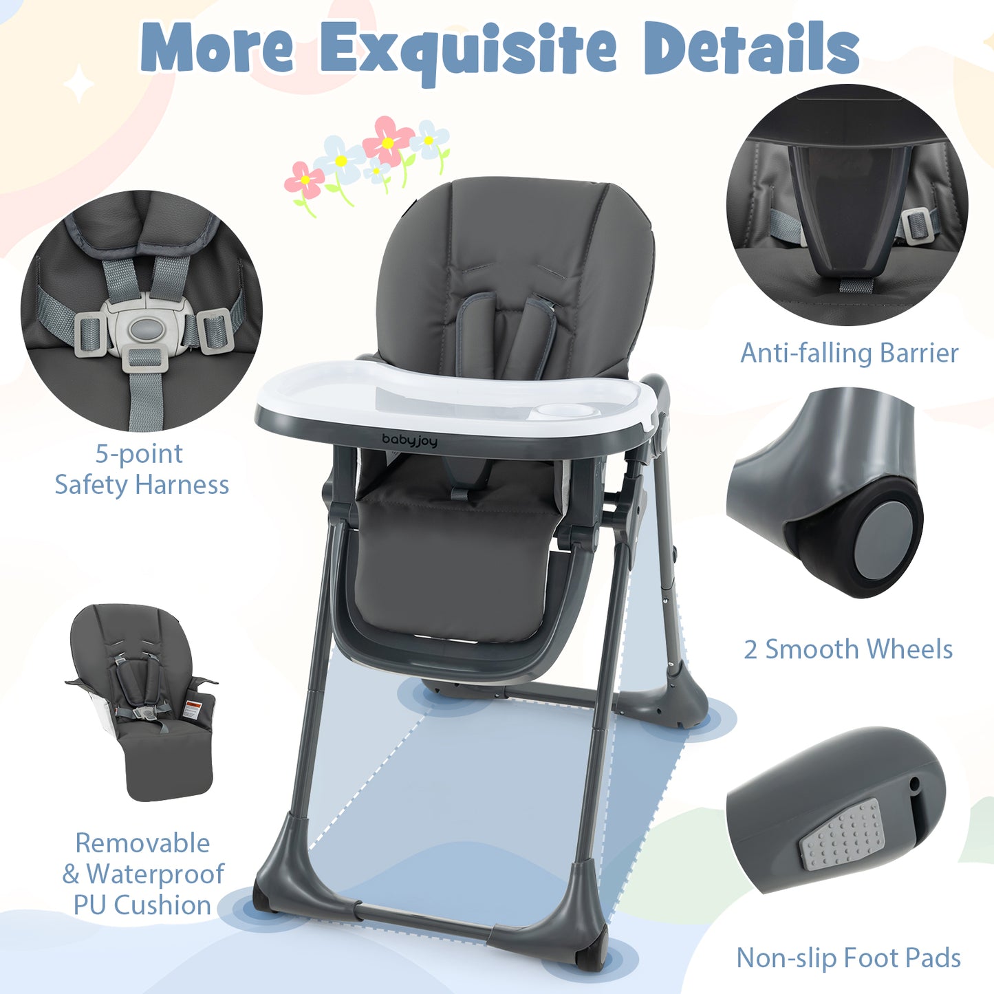 3-In-1 Convertible Baby High Chair with 7 Heights and Double Food Tray, Dark Gray High Chairs at Gallery Canada