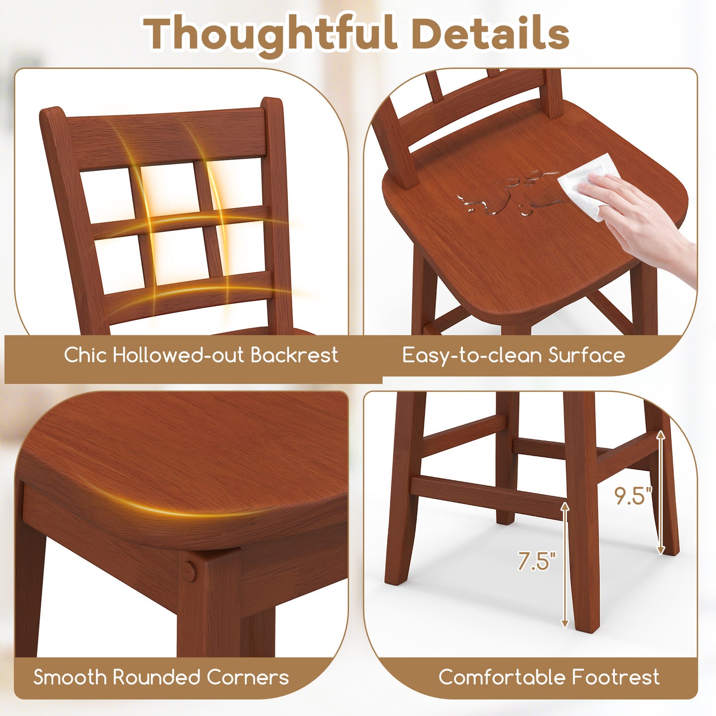 Counter Height Barstools Set of 2 with 6-Grid Hollow Back and Seat, Walnut Bar Stools at Gallery Canada