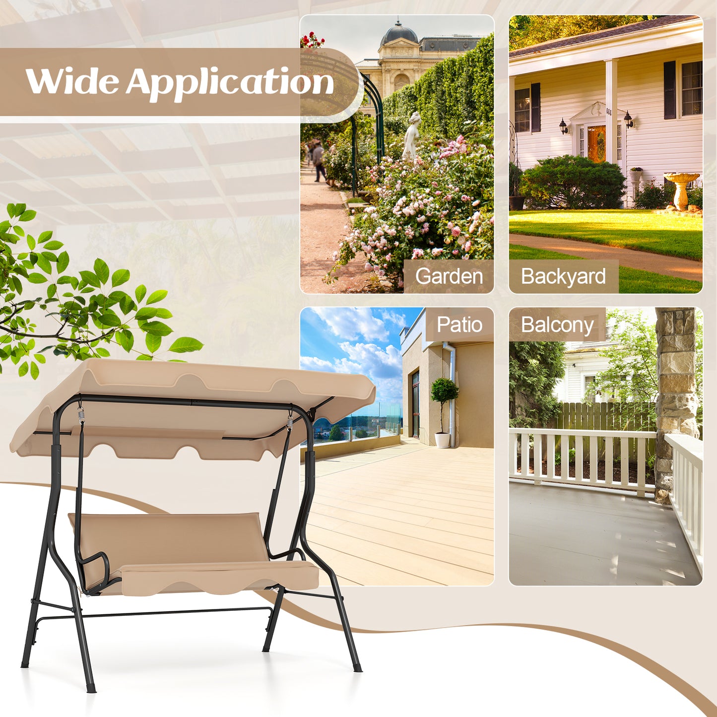 3 Seat Outdoor Patio Swing, Steel Frame, Beige Porch Swings at Gallery Canada