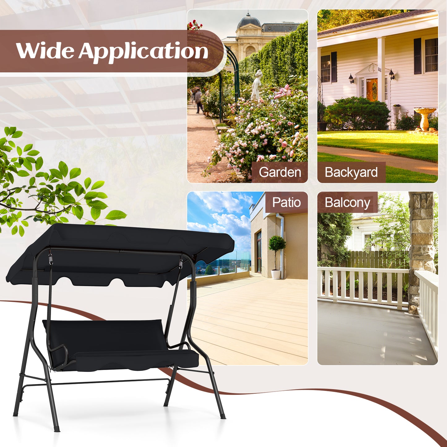 3 Seats Patio Canopy Swing, Black