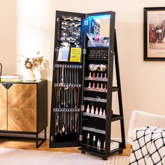 64 Inches Lockable Jewelry Cabinet, With Built-In Mirror, Black Jewelry Armoires Black at Gallery Canada