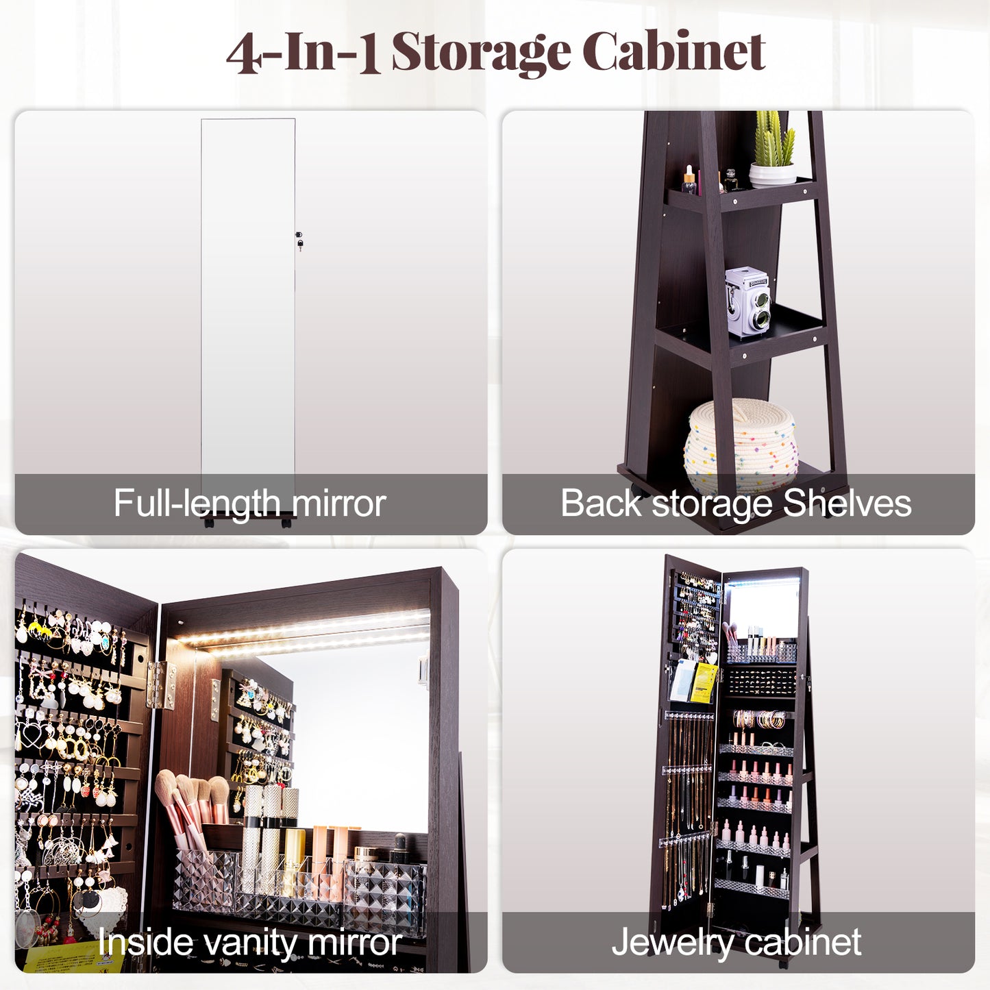 Armoire à bijoux verrouillable de 64 pouces avec miroir de maquillage intégré, violet