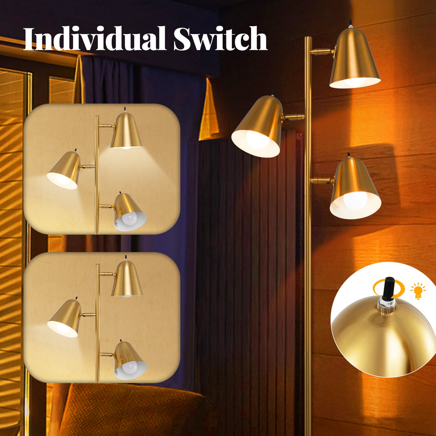 64 Inch 3-Light LED Floor Lamp, Living Room Bedroom Reading Light, Golden Table & Floor Lamps at Gallery Canada