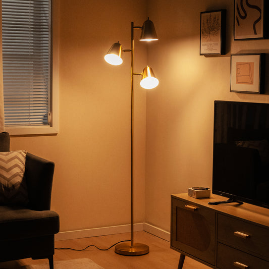 64 Inch 3-Light LED Floor Lamp, Living Room Bedroom Reading Light, Golden
