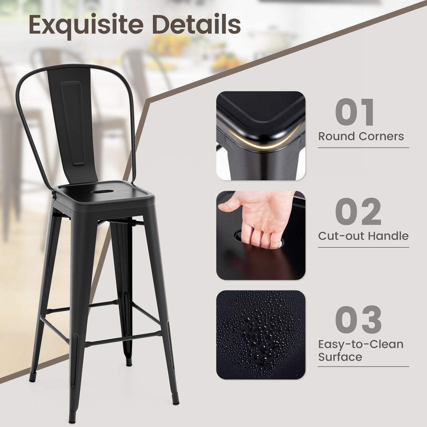 Stackable Metal Bar Stools, Set of 4, Removable Backrest, Black