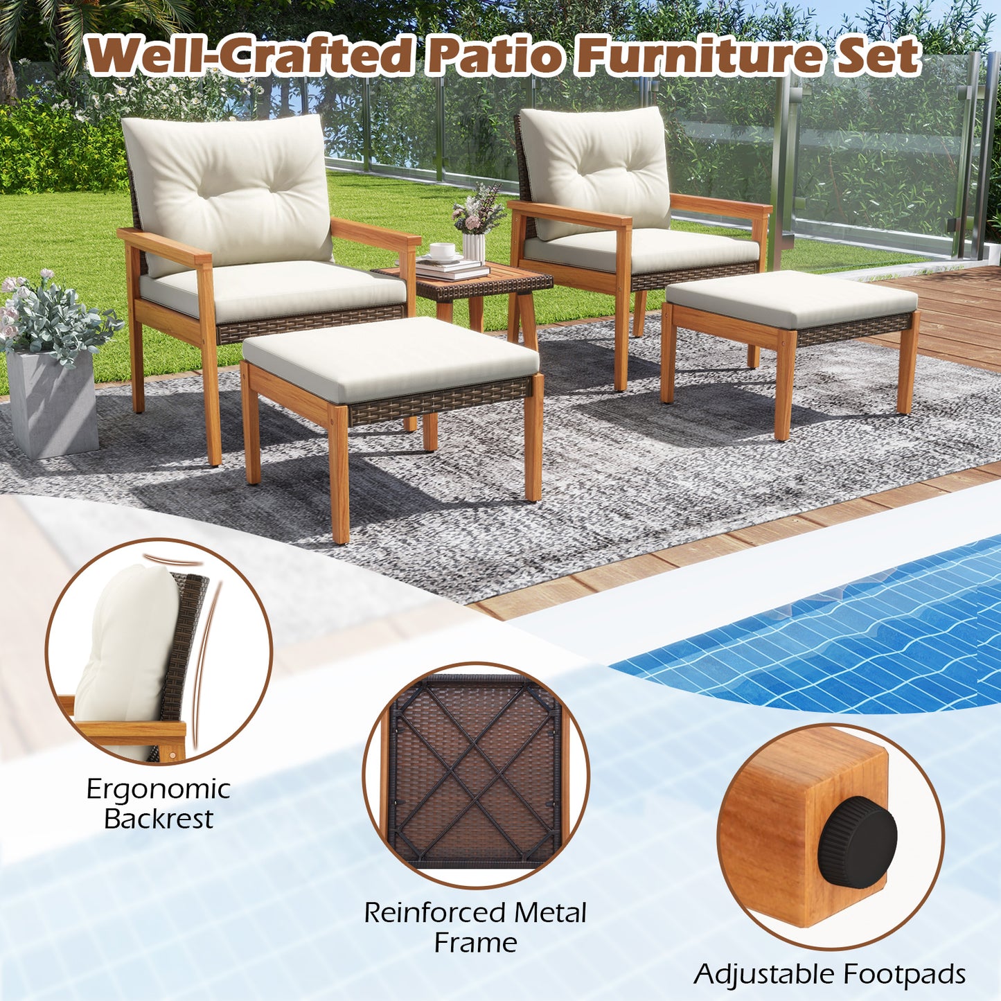 5 Piece Rattan Furniture Set, Square Coffee Table, White Patio Conversation Sets at Gallery Canada