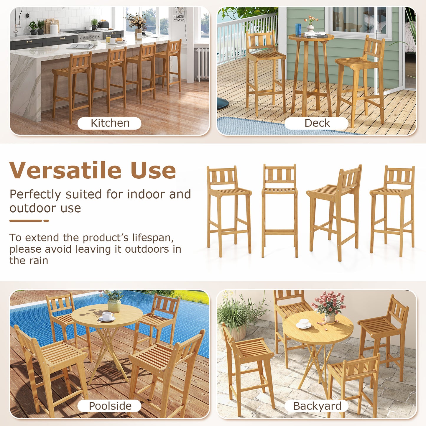 30 Inch Teak Wood Bar Chair with Footrest and Backrest for Deck Poolside Garden, Natural Patio Bar Furniture at Gallery Canada