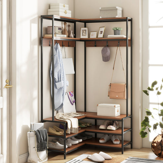 Corner Garment Rack With Shelves, 7 Hooks Shoe Bench, Walnut Cabinets & Chests Walnut at Gallery Canada