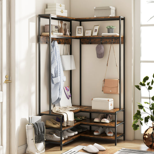 Corner Garment Rack With Open Shelves, 7 Hooks Shoe Bench, Rustic Brown Cabinets & Chests at Gallery Canada