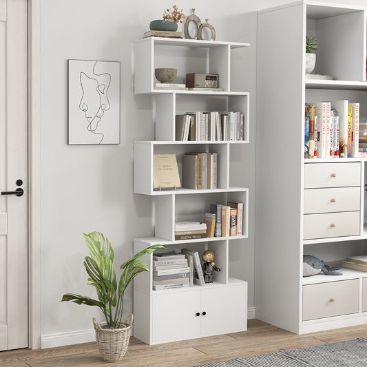 6-Tier S-Shaped Freestanding Bookshelf, Cabinet Doors, White Bookcases White at Gallery Canada