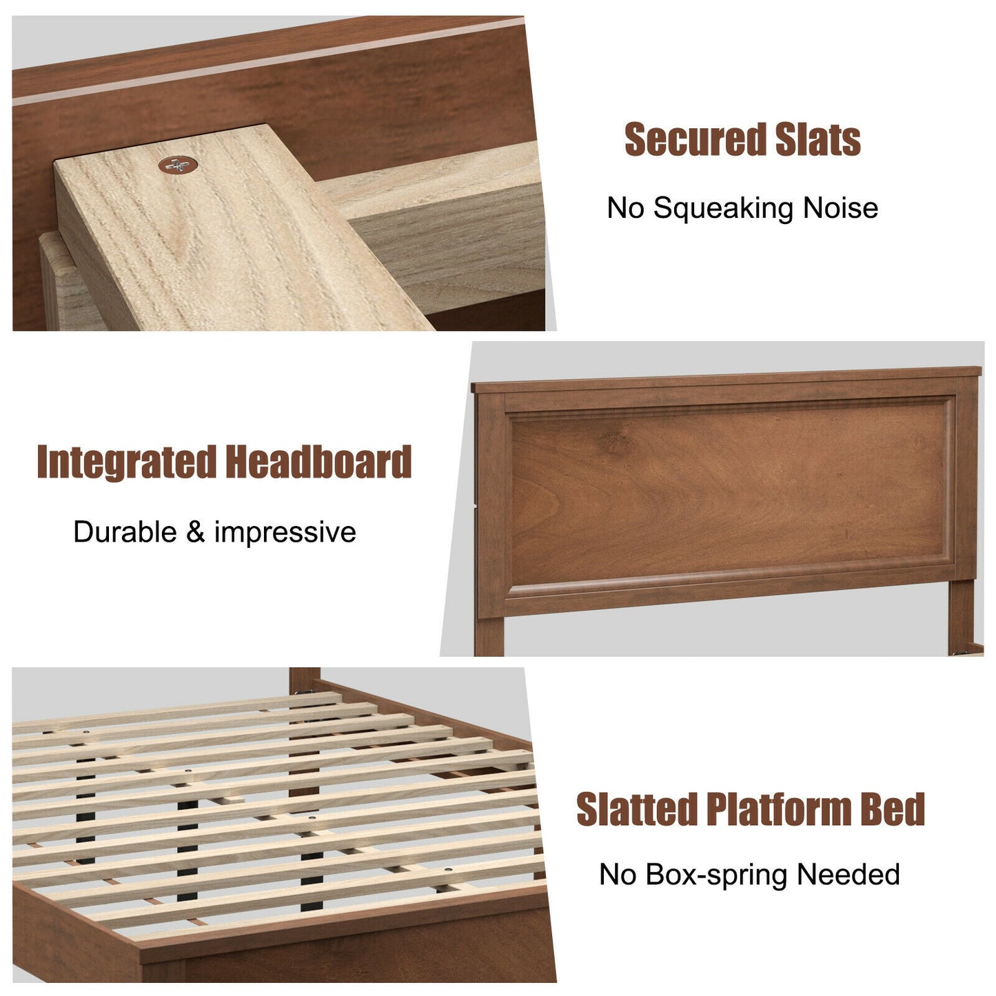 Queen Size Bed Frame Platform Slat High Headboard Bedroom with Rubber Wood Leg, Walnut Simple Bed Frame at Gallery Canada