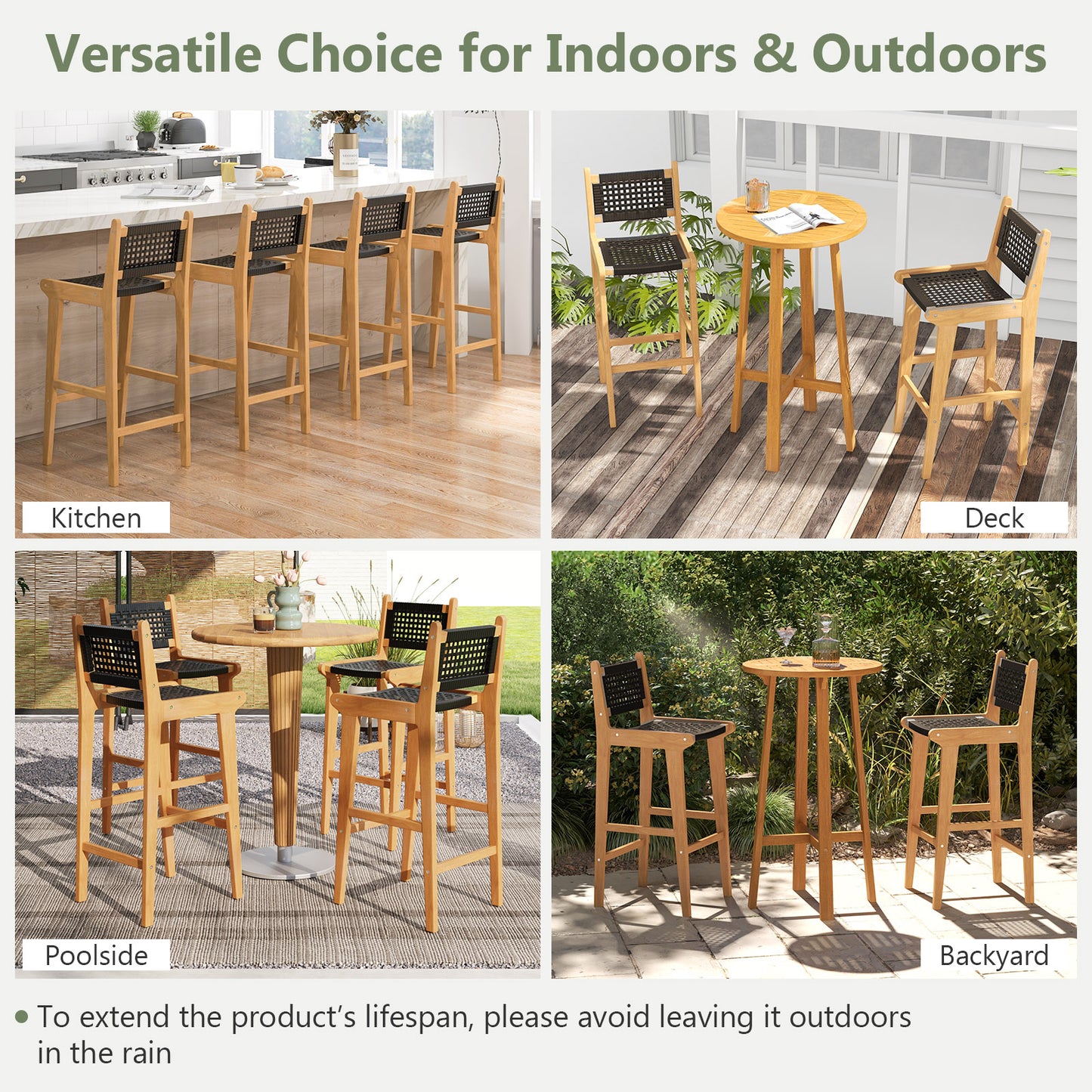 Tabouret de bar en rotin et teck de 30 pouces, dossier, repose-pieds