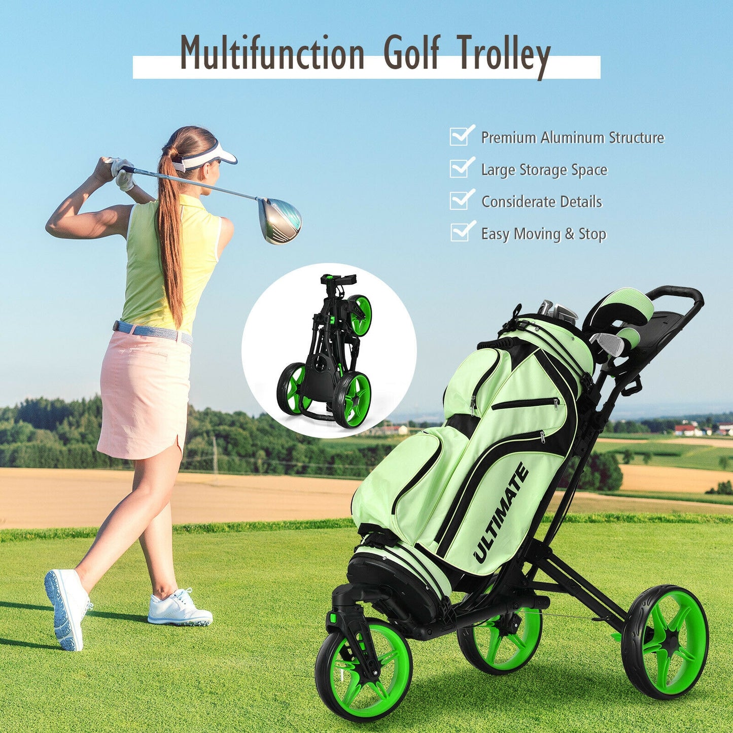 Folding Golf Push Cart, Adjustable Handle, Swivel Wheel, Green Golf at Gallery Canada