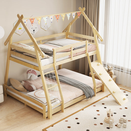 Twin Over Queen Bunk Bed Wooden Kids Bed with Climbing Nets and Ramp, Natural Toddler Beds Natural at Gallery Canada