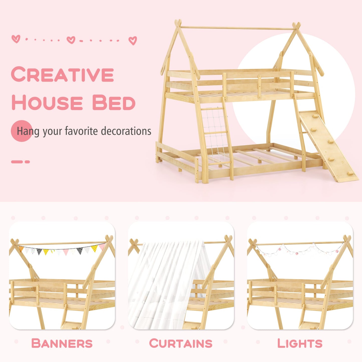 Twin Over Queen Bunk Bed, Wooden Kids Bed, Climbing Nets, Ramp, Natural Toddler Beds at Gallery Canada