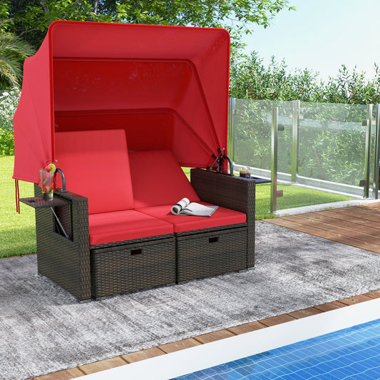 Outdoor Rattan Daybed With Retractable Canopy, Adjustable Backrests, Red