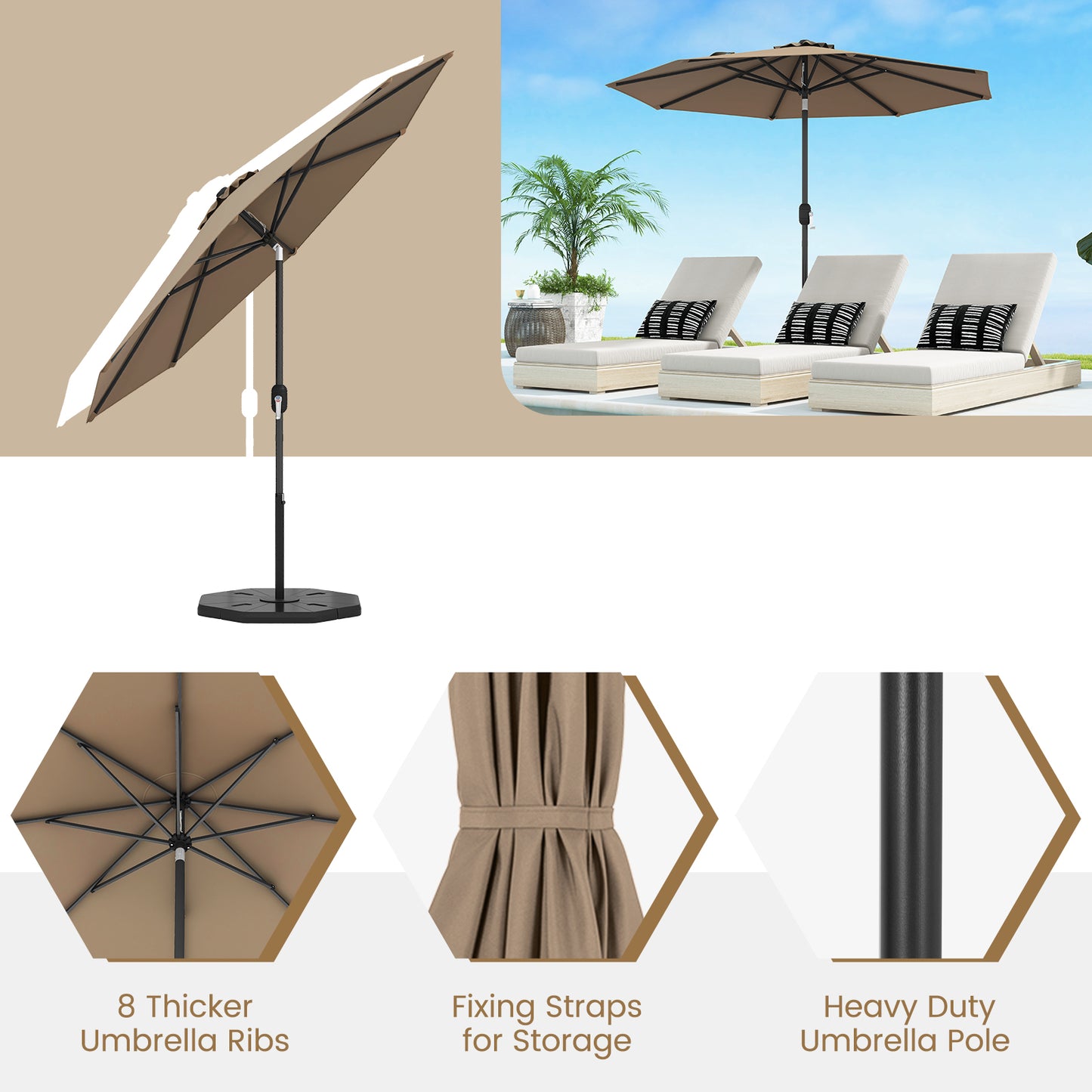 9 ft Outdoor Patio Table Umbrella, Push Button Tilt Crank Lift, Tan Outdoor Umbrellas at Gallery Canada