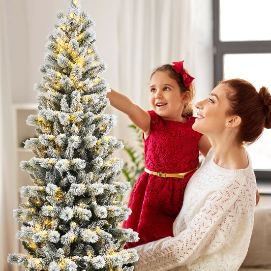 7.5 Feet Pre-Lit Snow Flocked Christmas Tree, 9 Modes Lights, White Christmas Tree White at Gallery Canada