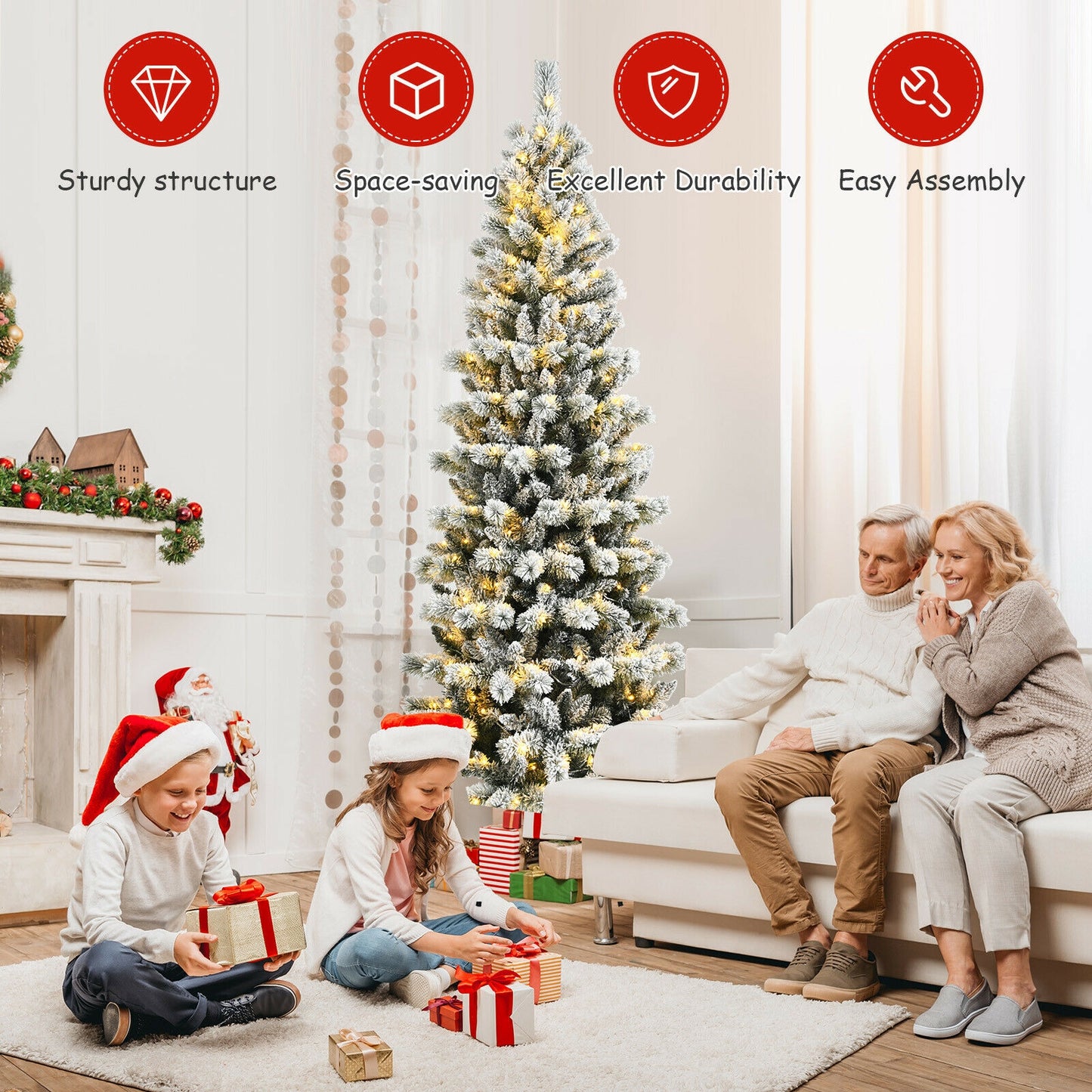 7.5 Feet Pre-Lit Snow Flocked Christmas Tree, 9 Modes Lights, White Christmas Tree at Gallery Canada