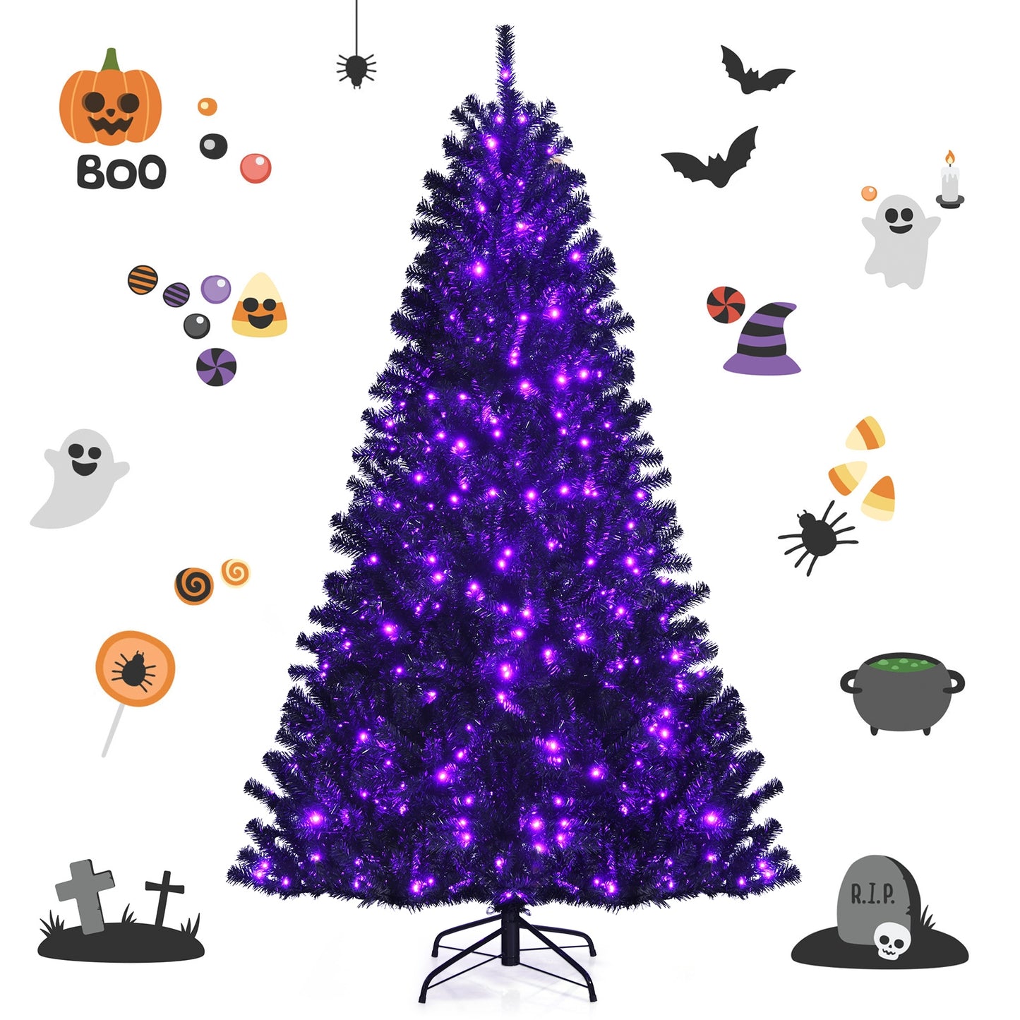 Artificial Christmas Halloween Tree, 7', Purple LED Lights, Black