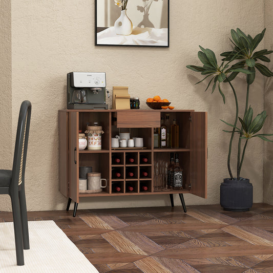 Mid-Century Modern Buffet Sideboard, Walnut, 9-Bottle Wine Rack