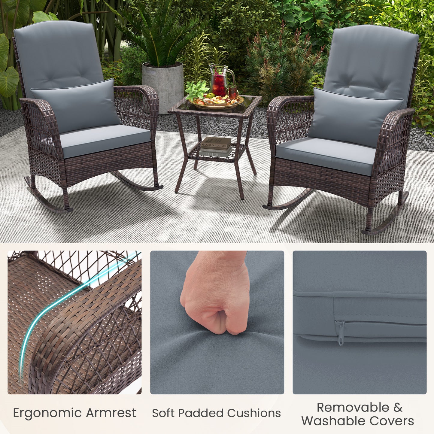3-Piece Rocking Bistro Set With 2-Tier Coffee Table, Gray Patio Conversation Sets at Gallery Canada
