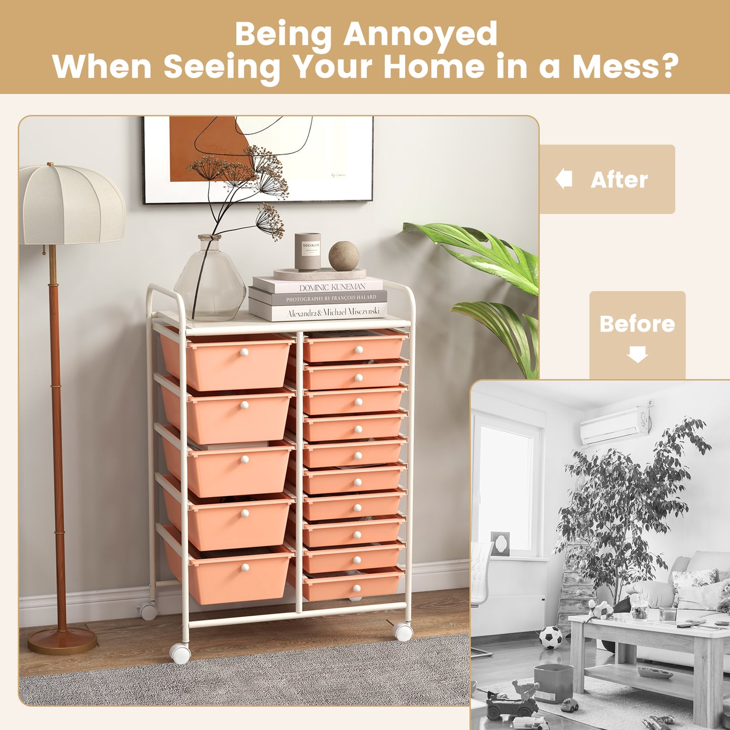 15-Drawer Utility Rolling Organizer Cart Multi-Use Storage, Peach File Cabinets at Gallery Canada