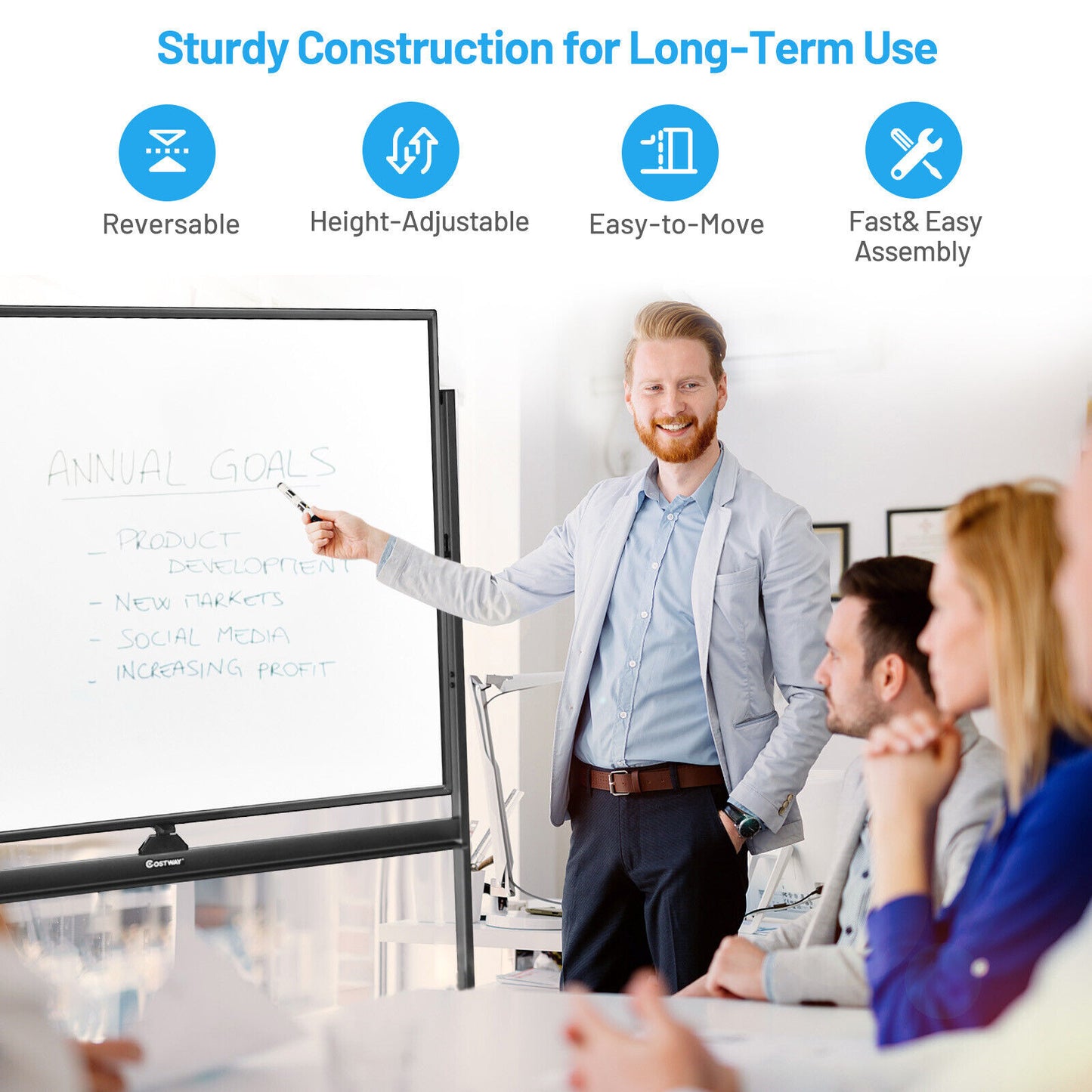 48 x 36 Inch Mobile Magnetic Double-Sided Whiteboard, Black & White