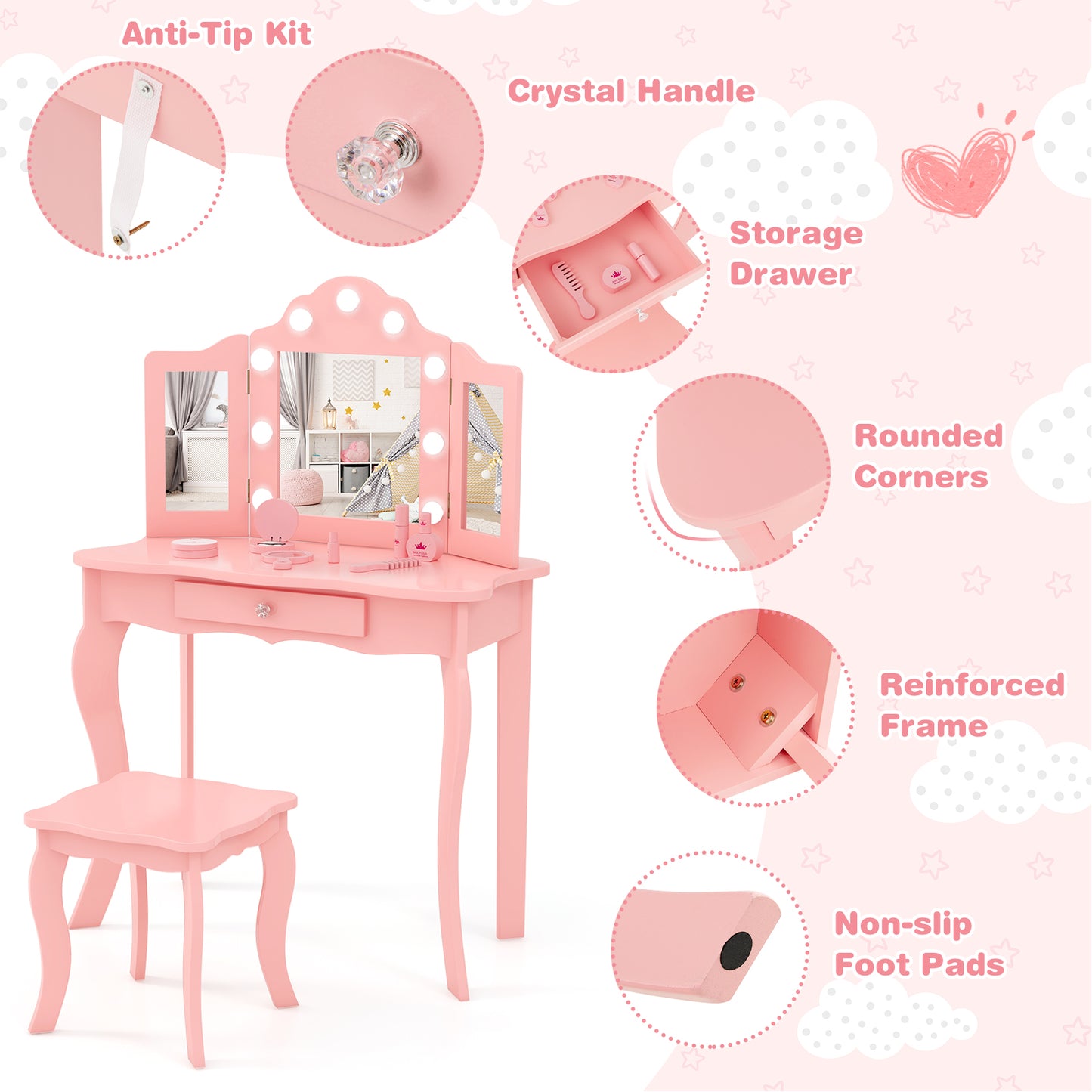 Kid Vanity Table Stool Set, Tri-Folding Mirror, 3-Color LED Lights, Pink Kids Vanities at Gallery Canada