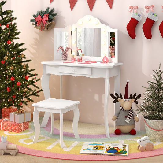 Kid Vanity Table Stool Set, Tri-Folding Mirror, 3-Color LED Lights, White Kids Vanities White at Gallery Canada