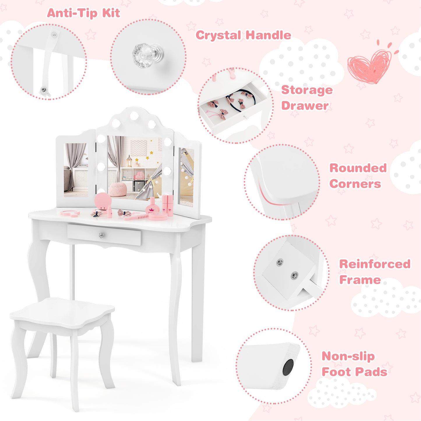 Kid Vanity Table Stool Set, Tri-Folding Mirror, 3-Color LED Lights, White Kids Vanities at Gallery Canada