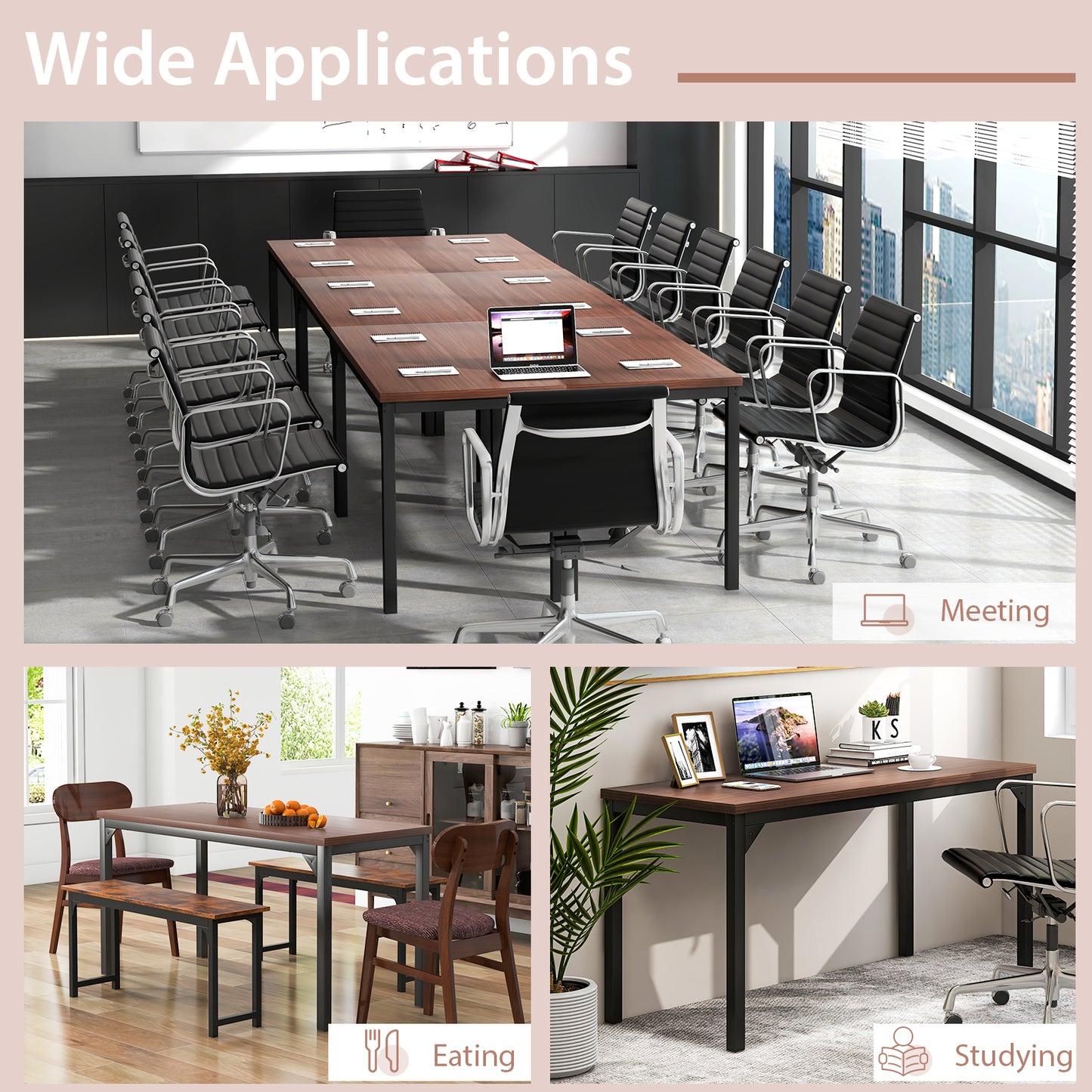 55 Inch Conference Table, Heavy-Duty Metal Frame, Brown Writing Desks at Gallery Canada