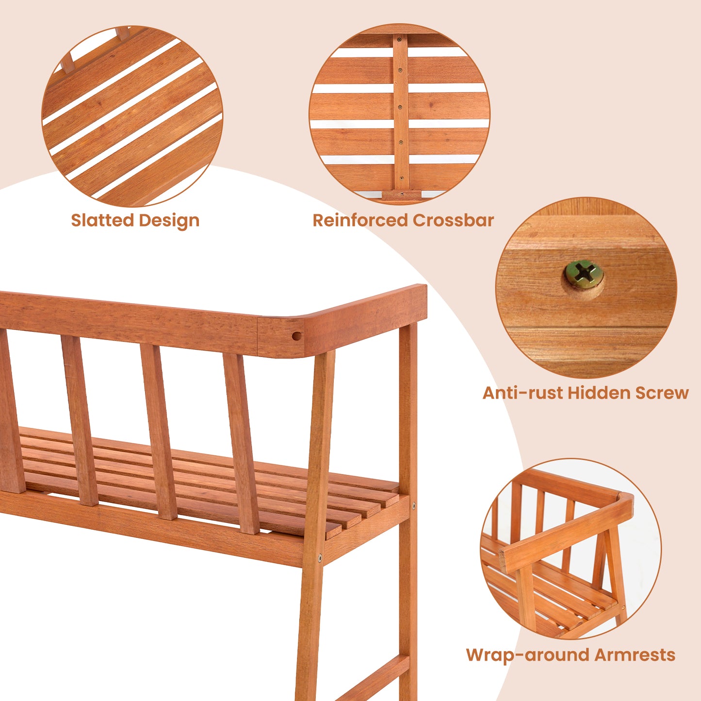 Outdoor Eucalyptus Wood Bench With Backrest, Armrests, Natural Outdoor Benches at Gallery Canada