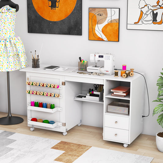 Folding Sewing Table With Charging Station, Storage Shelves, White Sewing Tables White at Gallery Canada